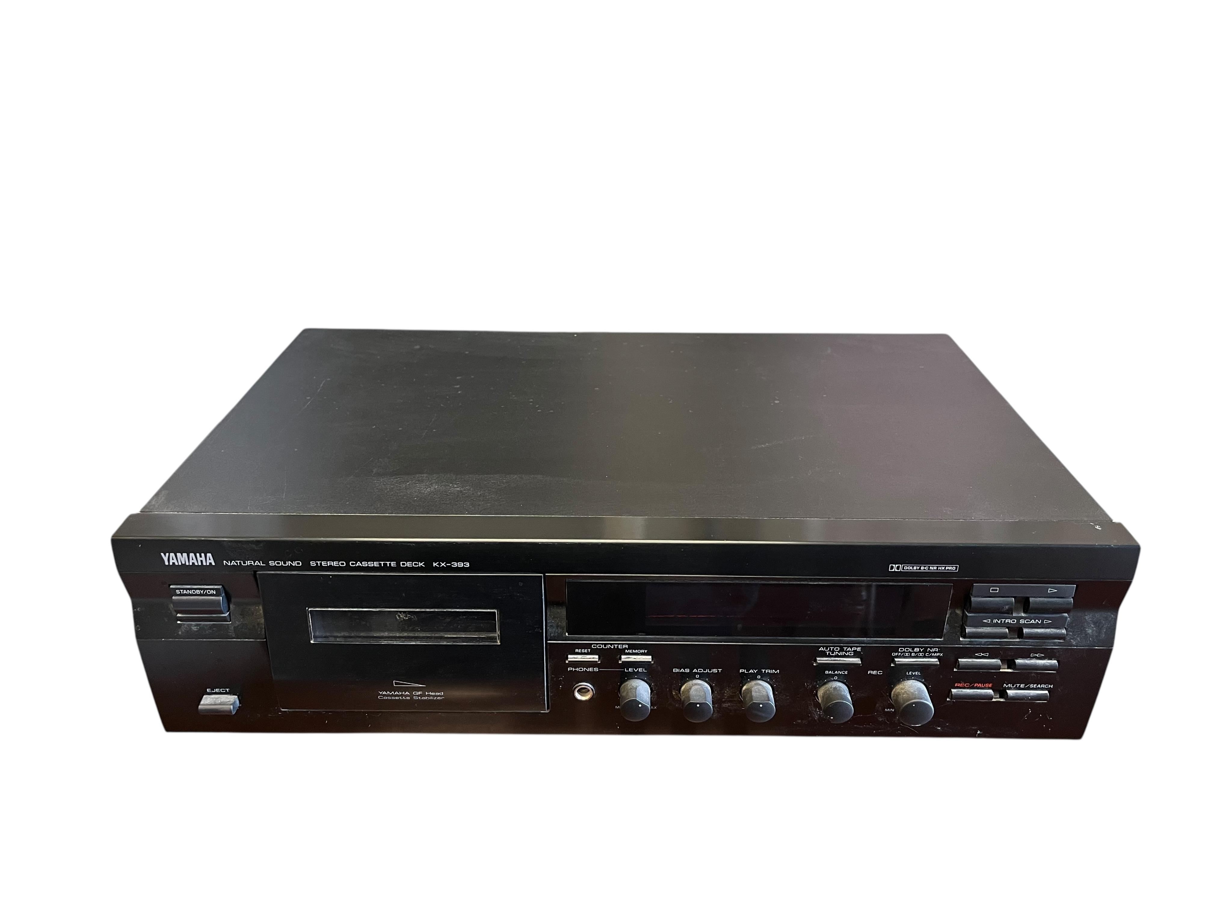 Two pairs of KEF stereo speakers; a pair of floor standing Q35.2 speakers and a pair of Q15.2 shelf speakers, together with a Pro-Ject Debut II turntable record player, serial number 008033, and a Yamaha Stereo Cassette